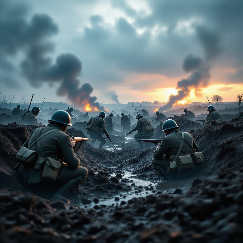 Cinematic Battlefield Scene with Soldiers in Trenches
