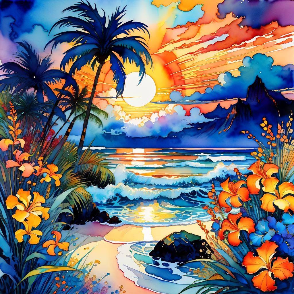 Dreamy Beach Sunset as Watercolor Painting
