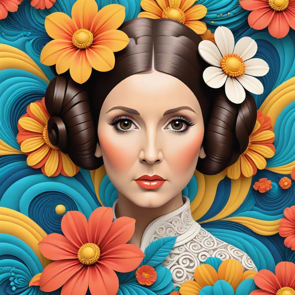 Princess Leia Amidst Vibrant Flowers in O'Keeffe Style