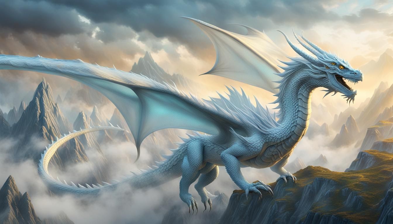 White Dragon Soaring Through Misty Mountains