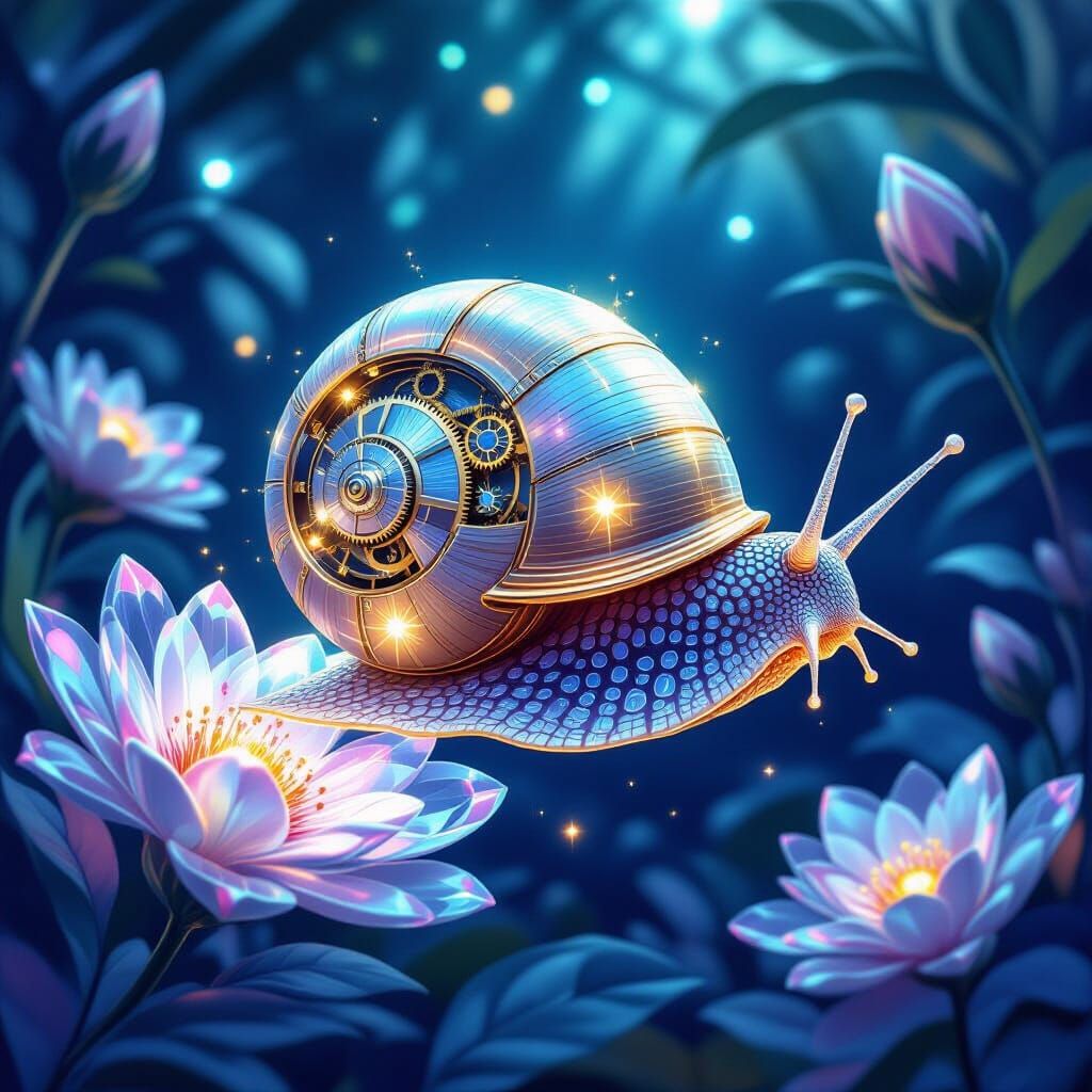 Bioluminescent Clockwork Snail in Crystal Garden