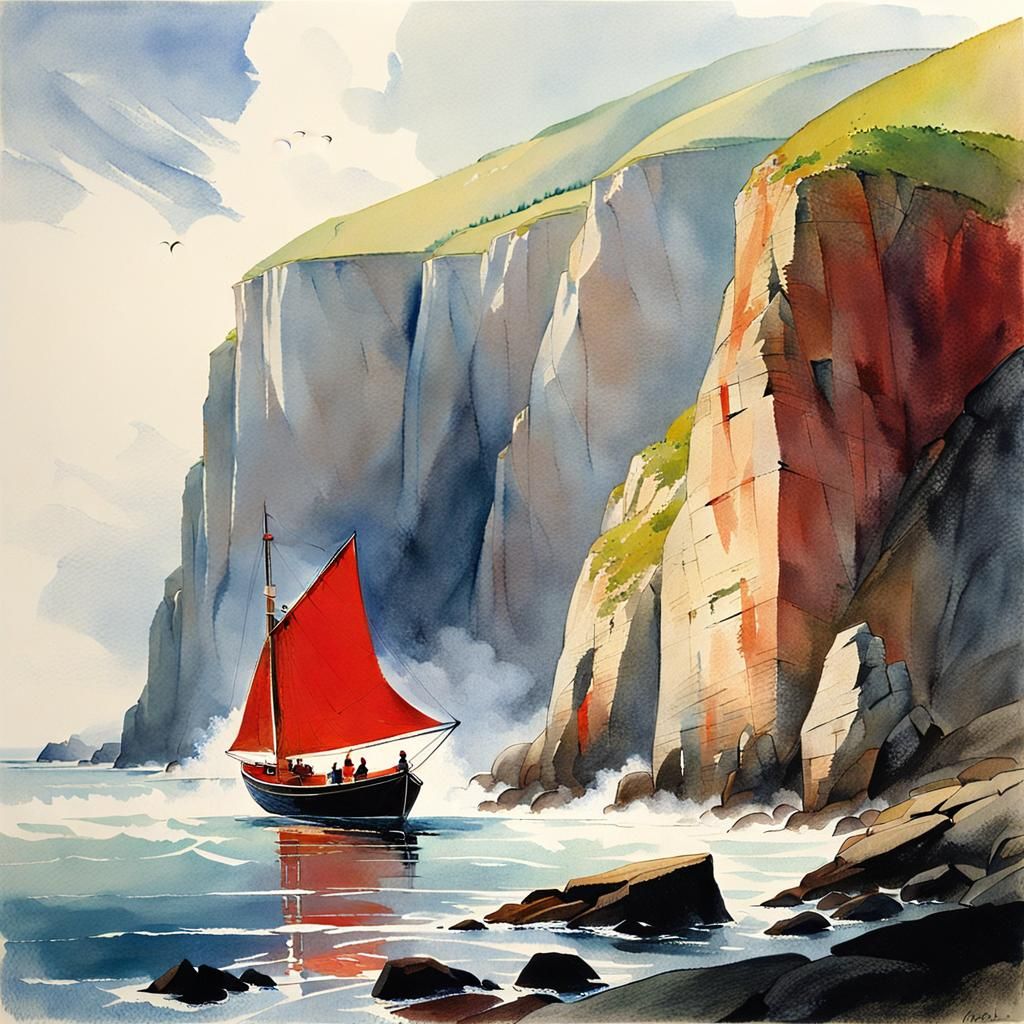Breton Coast View with Red Sailboat in Watercolor Style