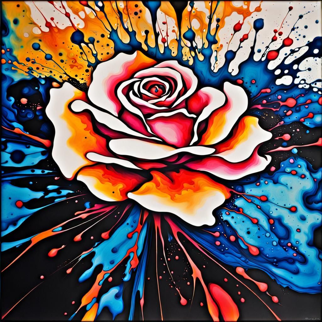 Vibrant Rose in Dripping Ink Art