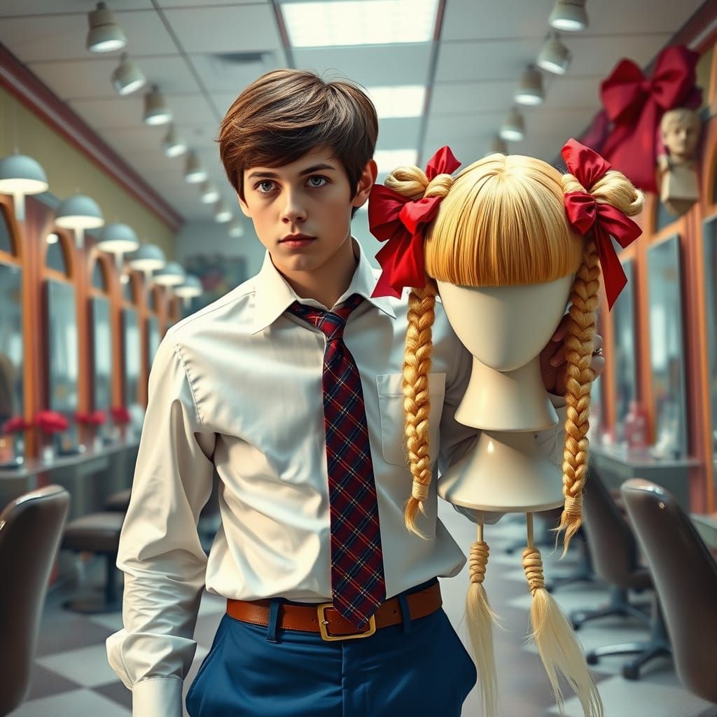 Terror-Stricken Man Surrounded by Vibrant Hair Salon Scene