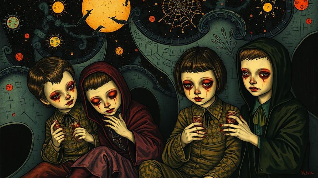 Vampire Orphans in Expressionist Dark Fantasy Style