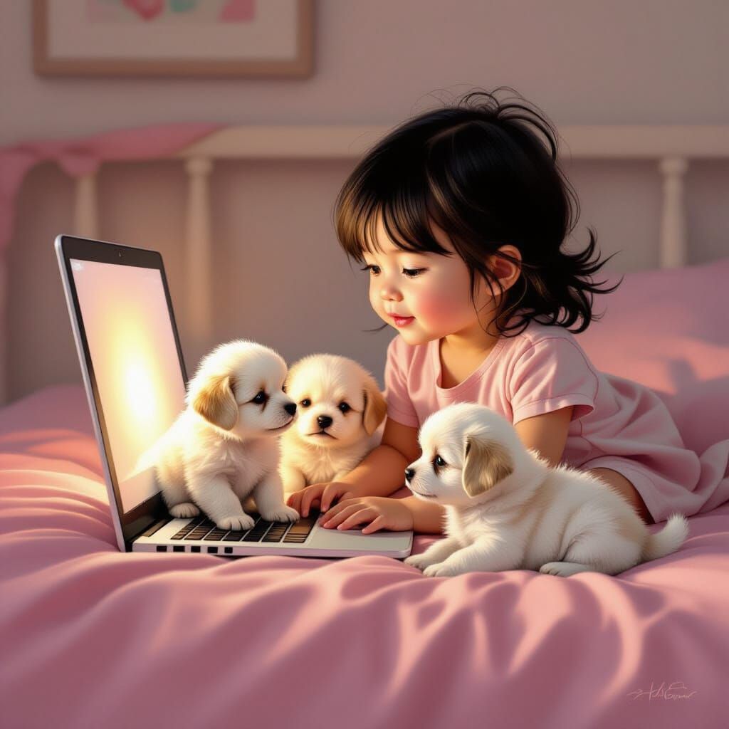 Realistic Girl and Puppies on Pink Bed with Laptop