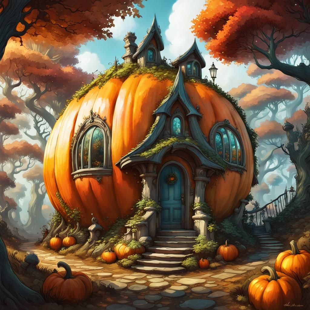 Fantasy Forest Pumpkin House: Fantasycore Digital Art