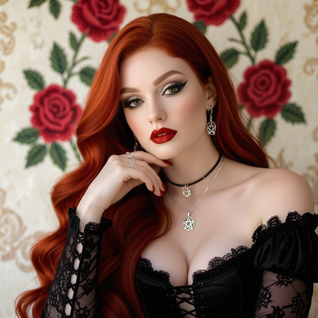 Dramatic Goddess with Red Hair and Roses
