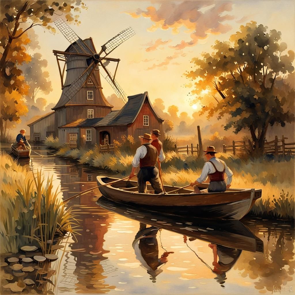 Dutch Fishermen at Sunset: A Watercolor Painting