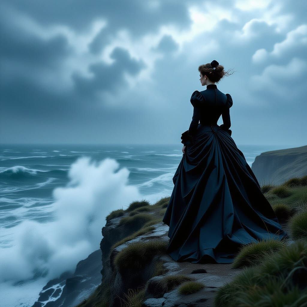 Woman in Victorian Dress on Cliff Overlooking Stormy Sea