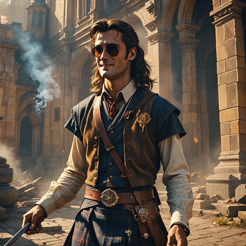 Ash Williams with Kilt and Sunglasses: Digital Matte Paintin...