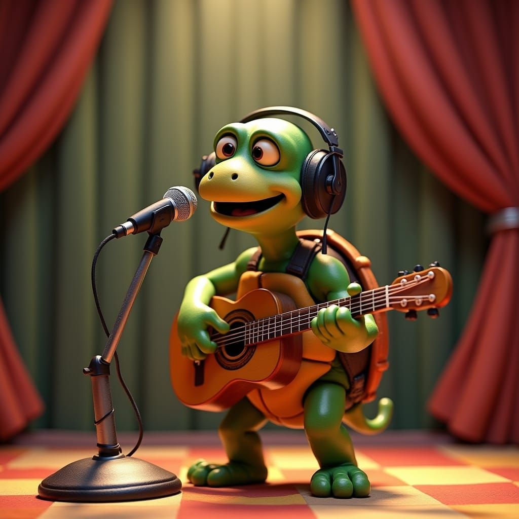 Singing Turtle on Stage in Claymation Style