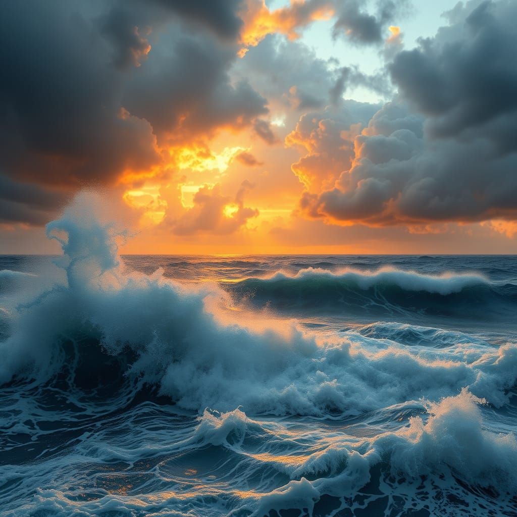 Breathtaking Ocean Storm at Sunset in Hyper-Realistic Style