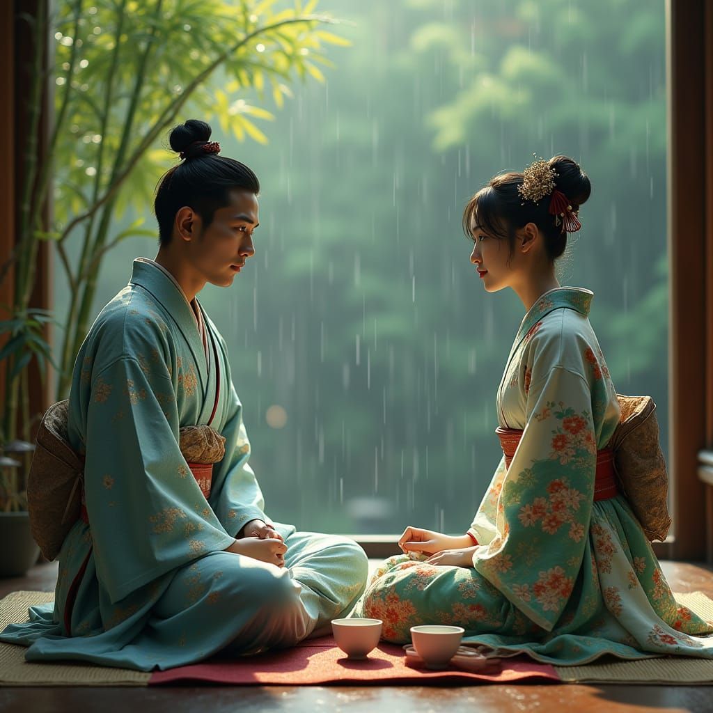 Hyper-Realistic Portrait of Japanese Couple in Traditional T...