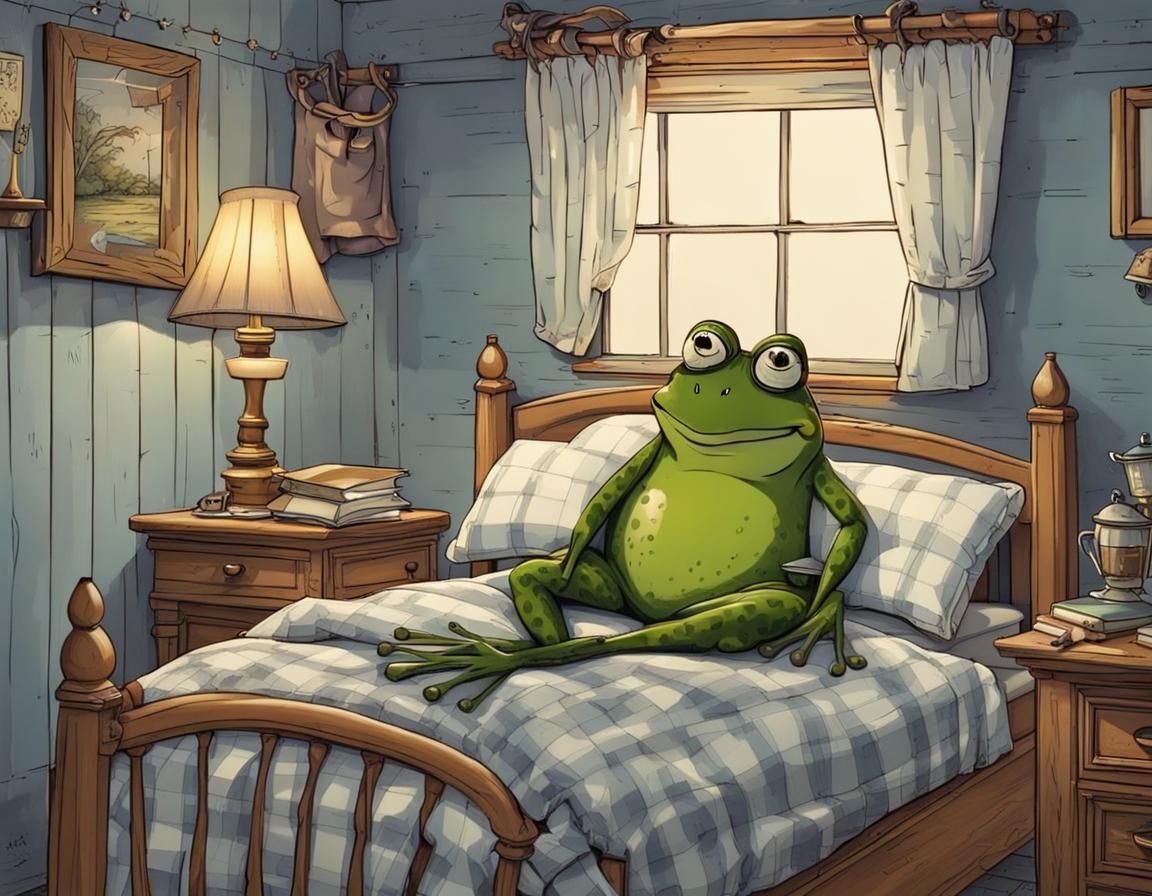 Frog in Pajamas Sleeping Peacefully in Cottage Bed