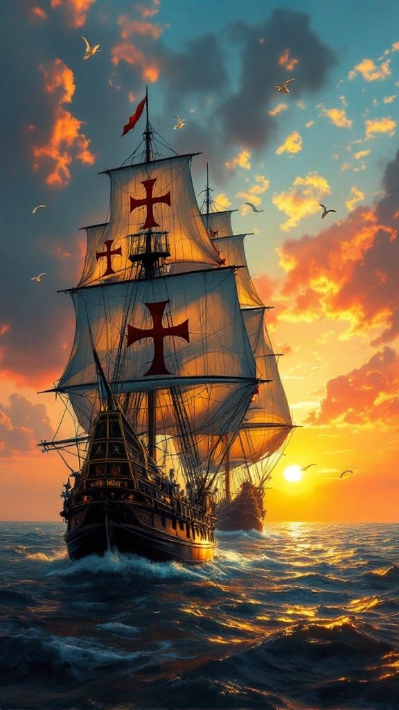 15th-Century Carracks Sail Across the Atlantic Under Sunset