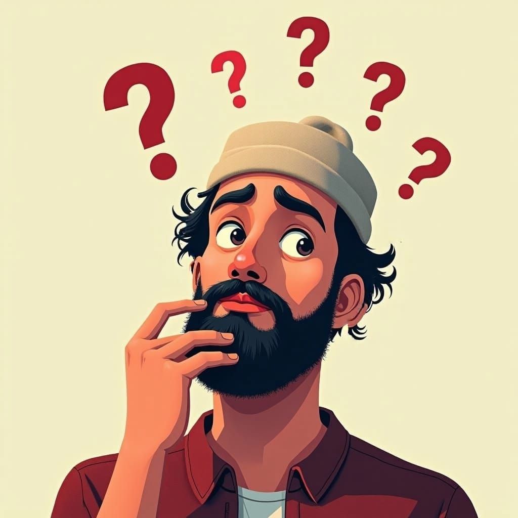 Young Man Pondering with Question Marks, Hyperrealistic