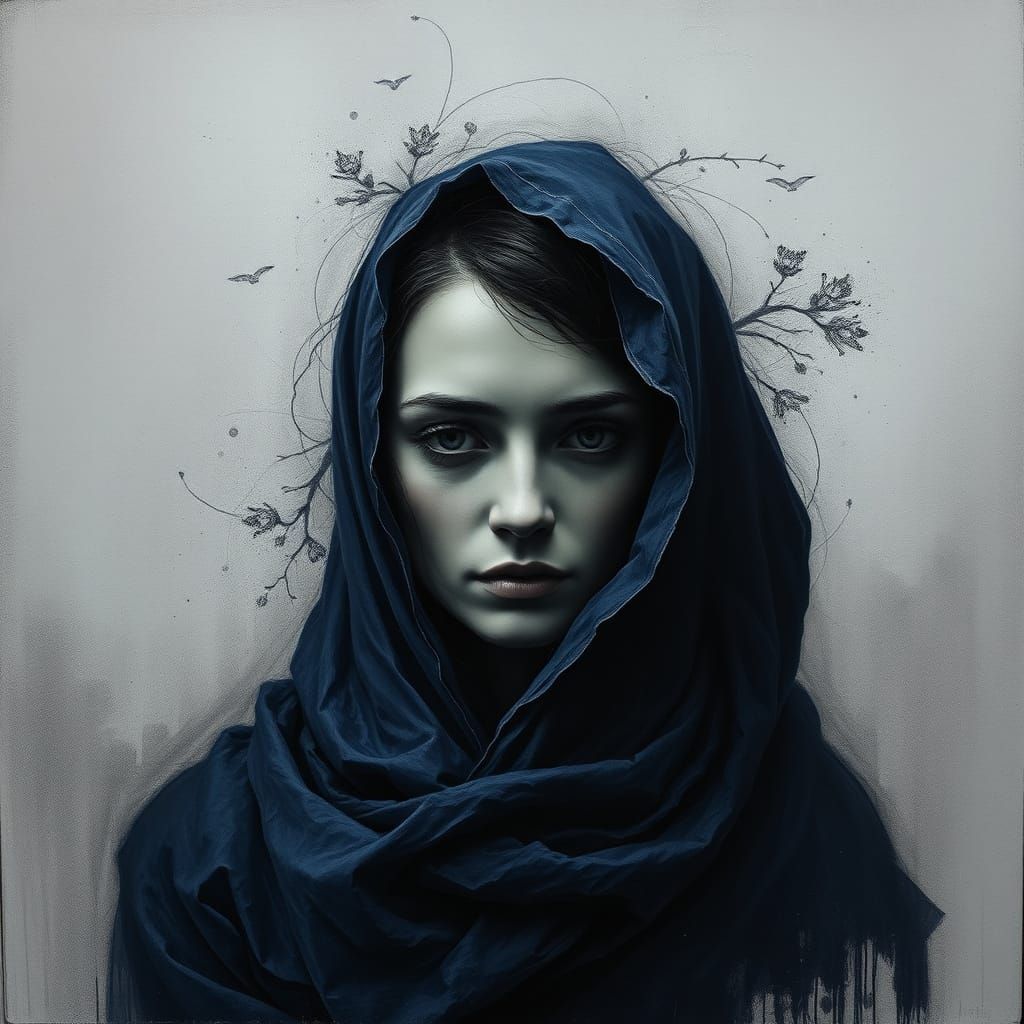 Melancholy Woman in Midnight Blue Monochromatic Portrait