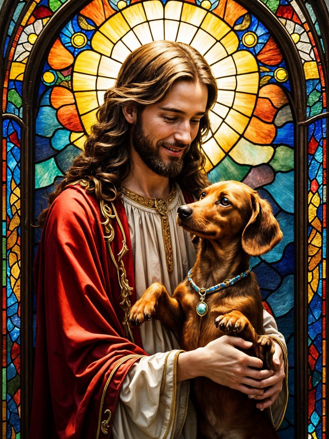 Stained Glass Jesus Adores Lovable Dachshund