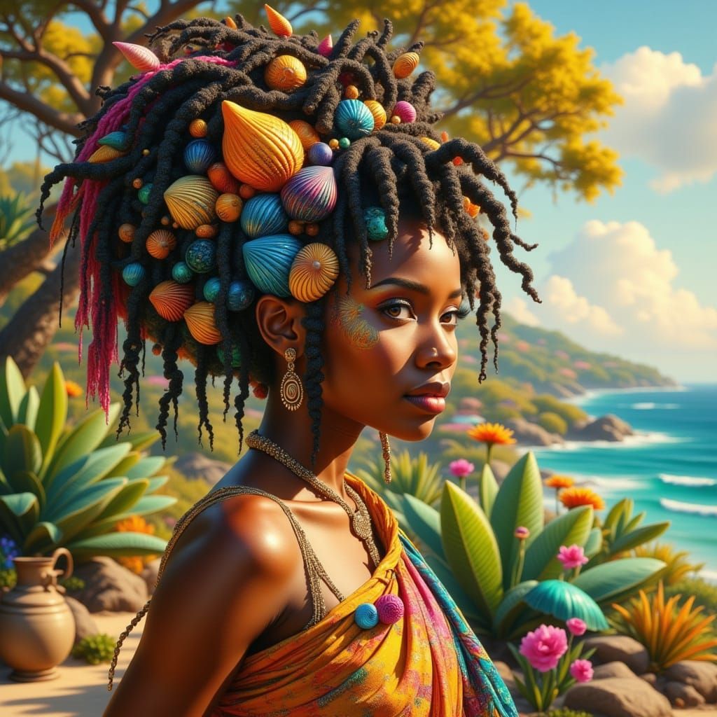 Caribbean Woman with Seaweed Hair in Story Quilt Style