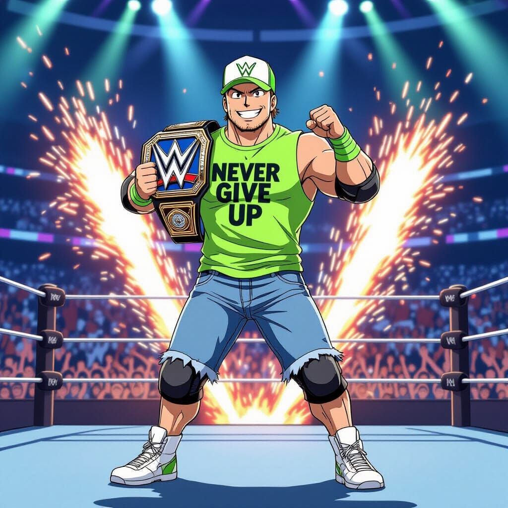 Anime Wrestler on Stage with Fireworks, Vibrant Colors