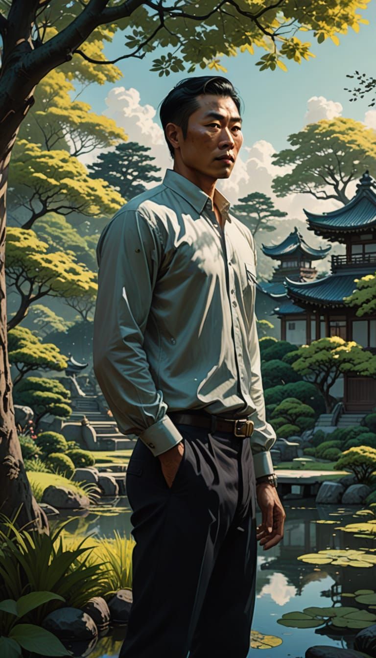 Tanned Man in Japanese Garden Concept Art