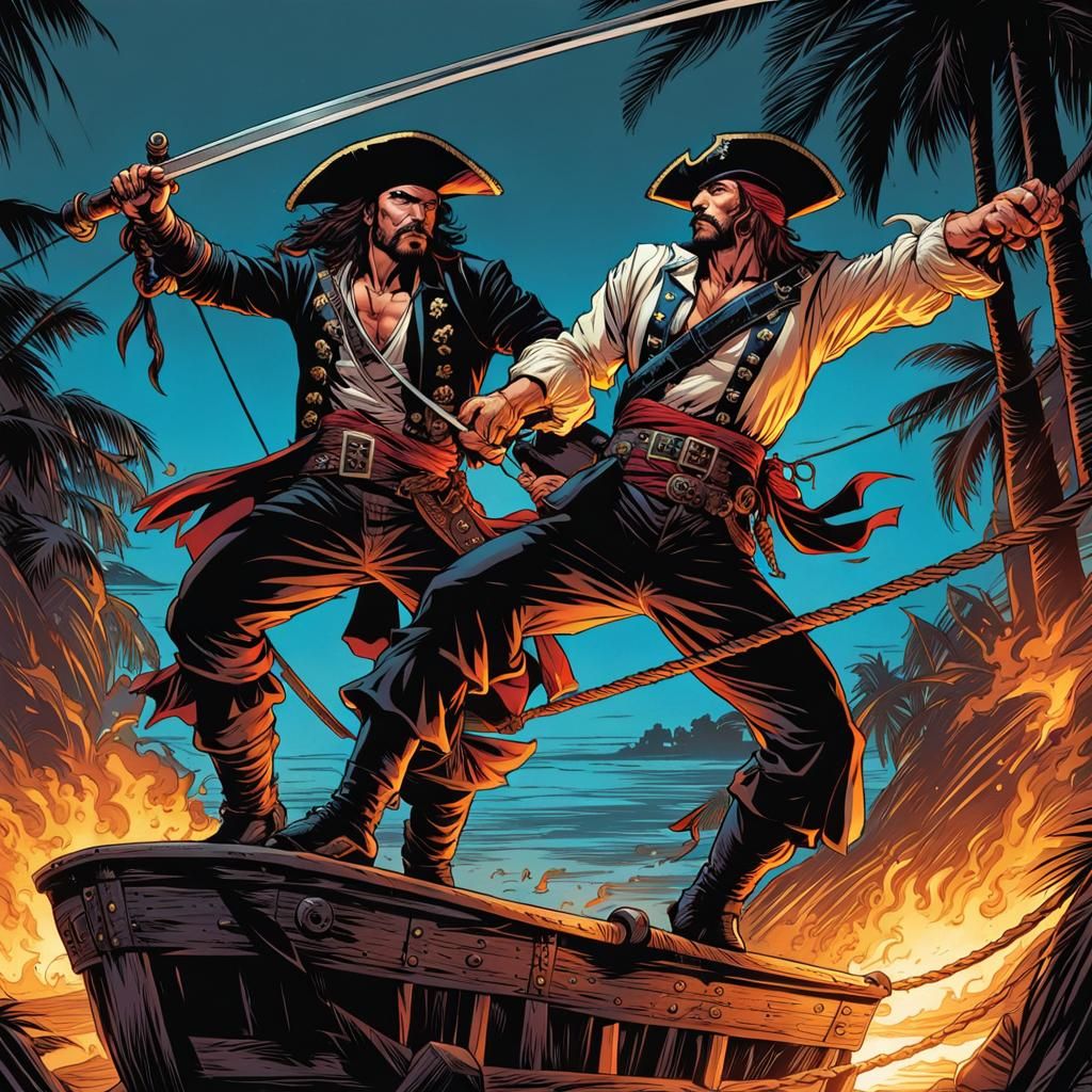 Pirate Duel on a Tightrope in Comic Book Style