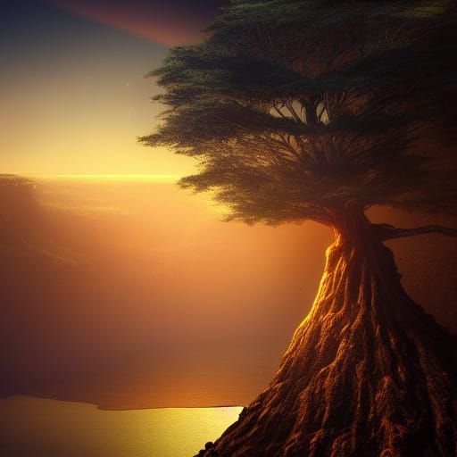 Golden Tree in Crater at Sunset: Digital Matte Painting