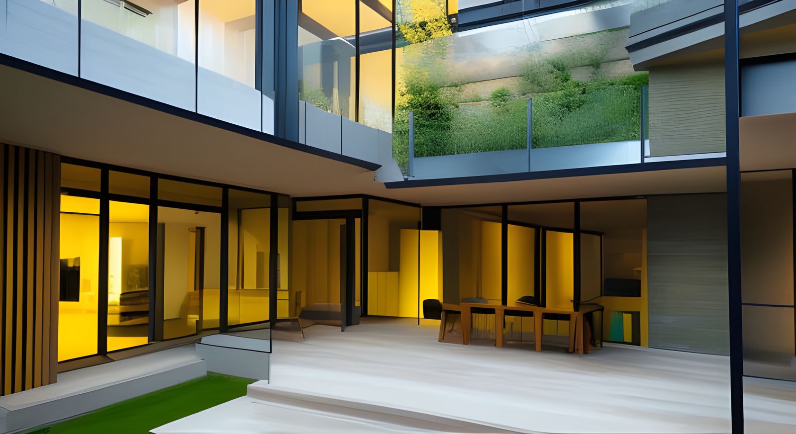 Modern Bungalow Facade with Sleek Design and Warm Lighting