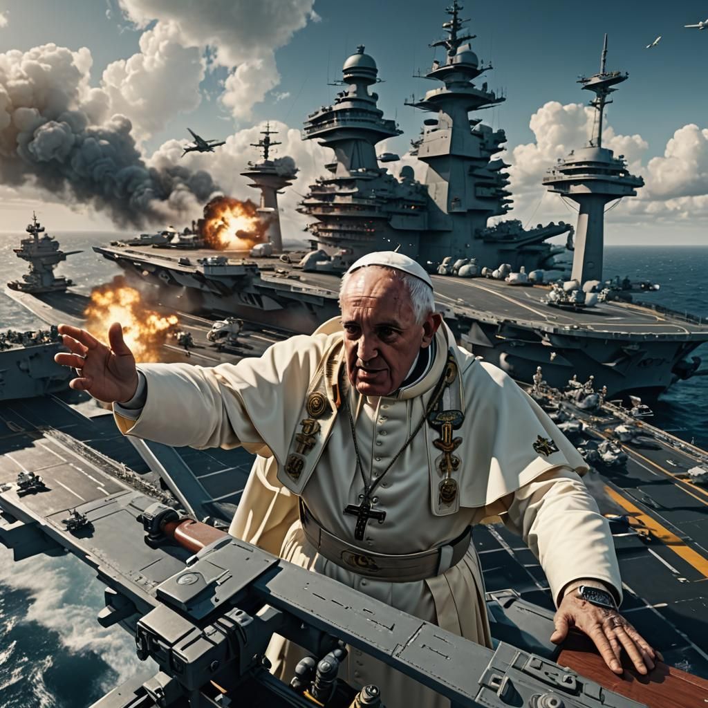 Pope Piloting Aircraft Carrier: Detailed Matte Painting