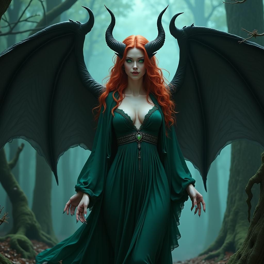 Elven Sorceress with Demonic Wings in Enchanted Forest