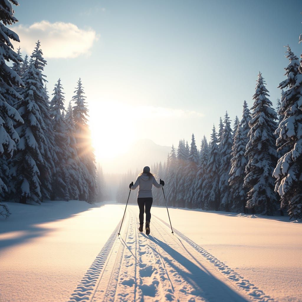 Woman Skiing Through Snowy Forest Valley at Dawn