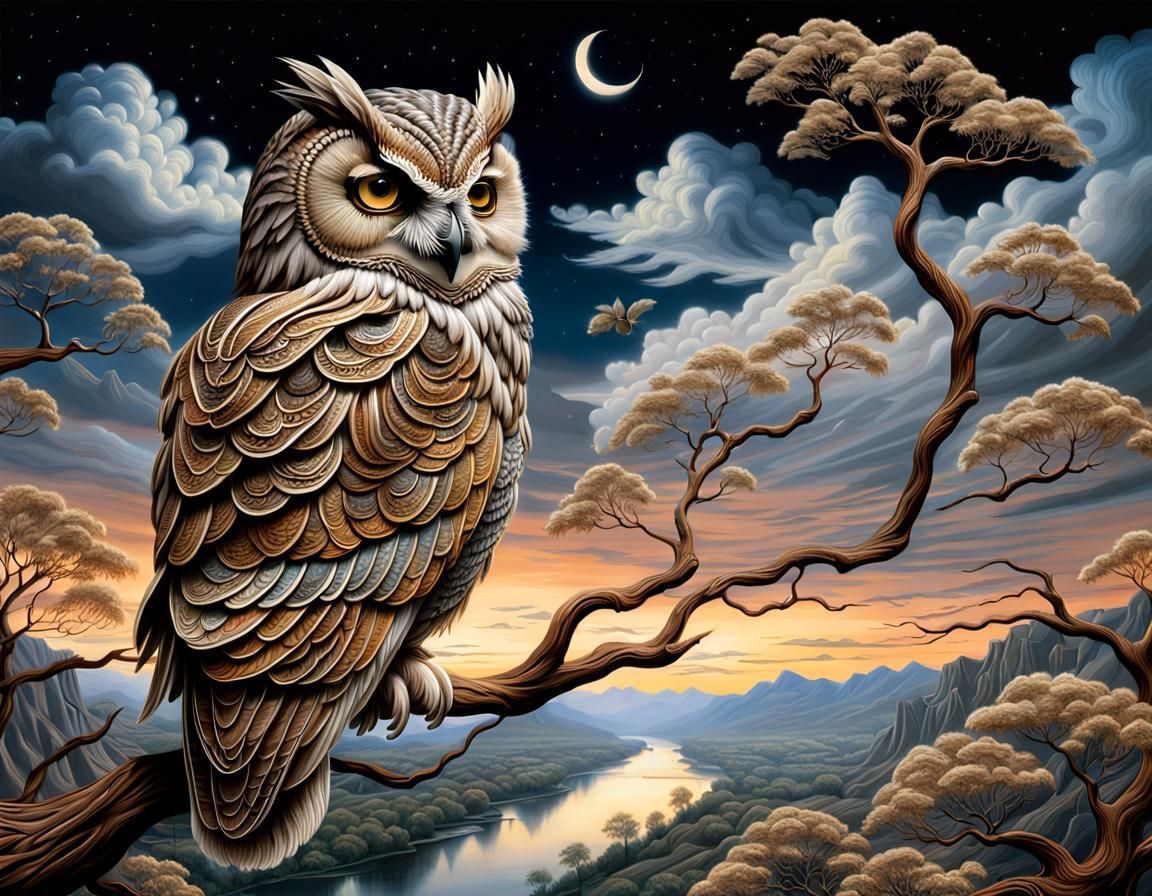 Majestic String Owl on Walnut Branch