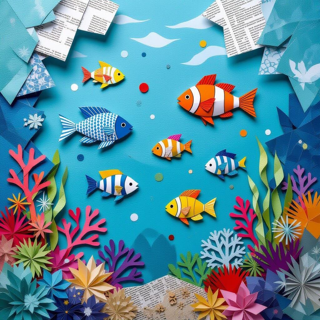 Underwater Life Scene with Fish and Seaweed in Mixed Media S...