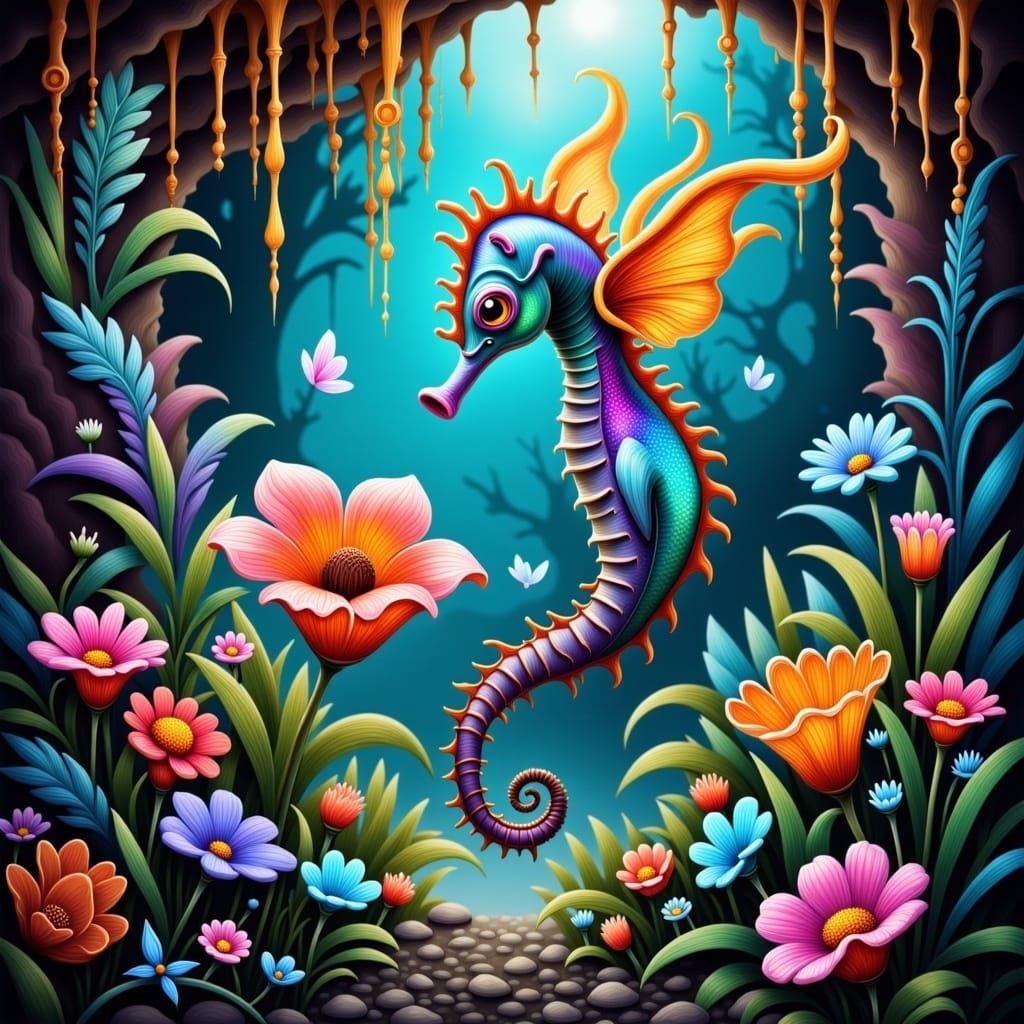 Surreal Pastel Seahorse in Whimsical Floral Wonderland