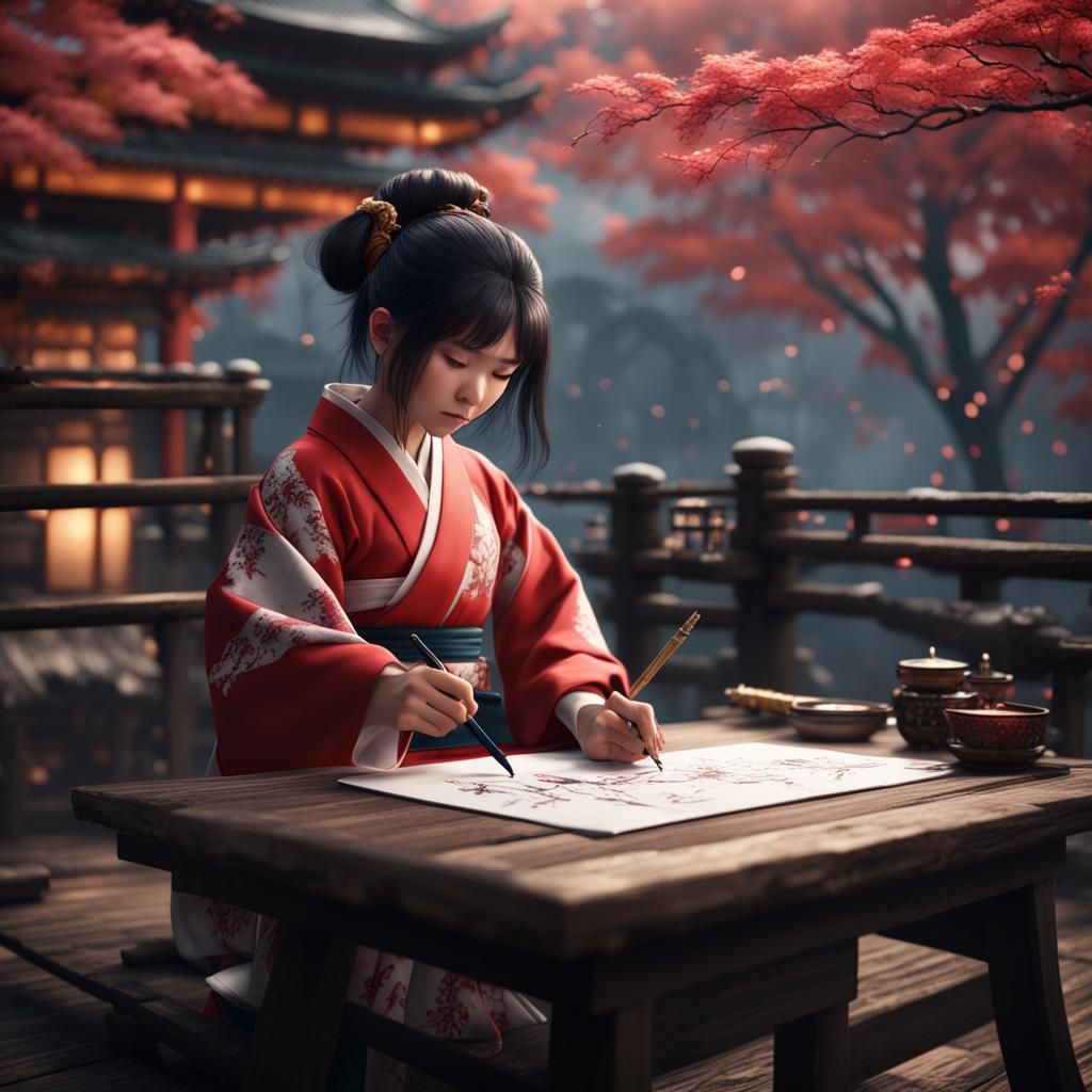 Japanese Girl Writes Calligraphy in Detailed Matte Painting