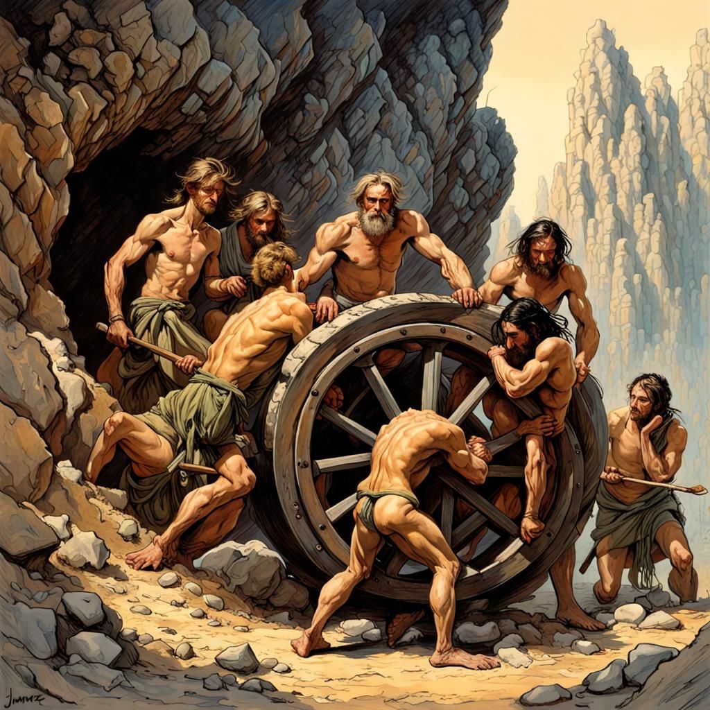 Cavemen Carving Stone Wheel: Fantasy Art
