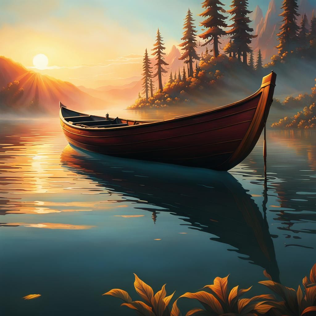 Boat on the lake at sunrise