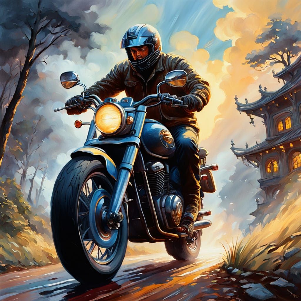Man on Motorcycle in Gouache Impressionist Style