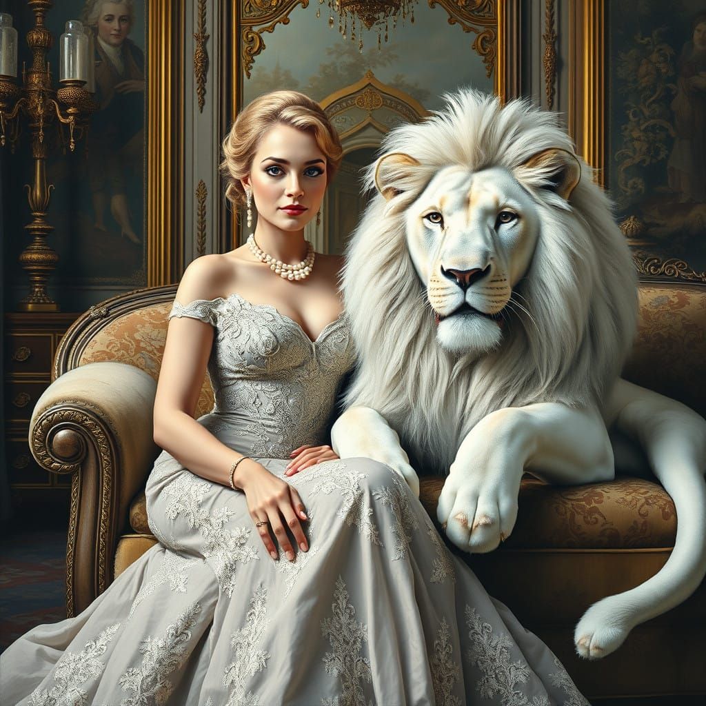 Elegant Lady Surrounded by Opulent Luxuries and a Majestic W...