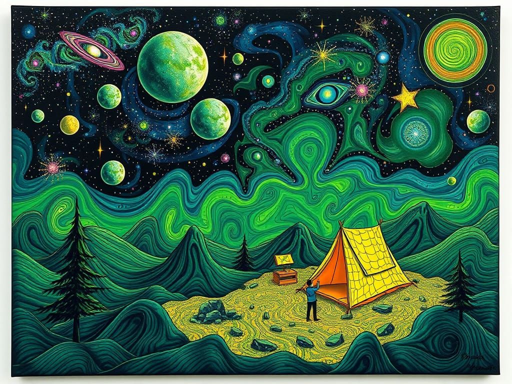Neon Green Camping Under Cosmic Skies