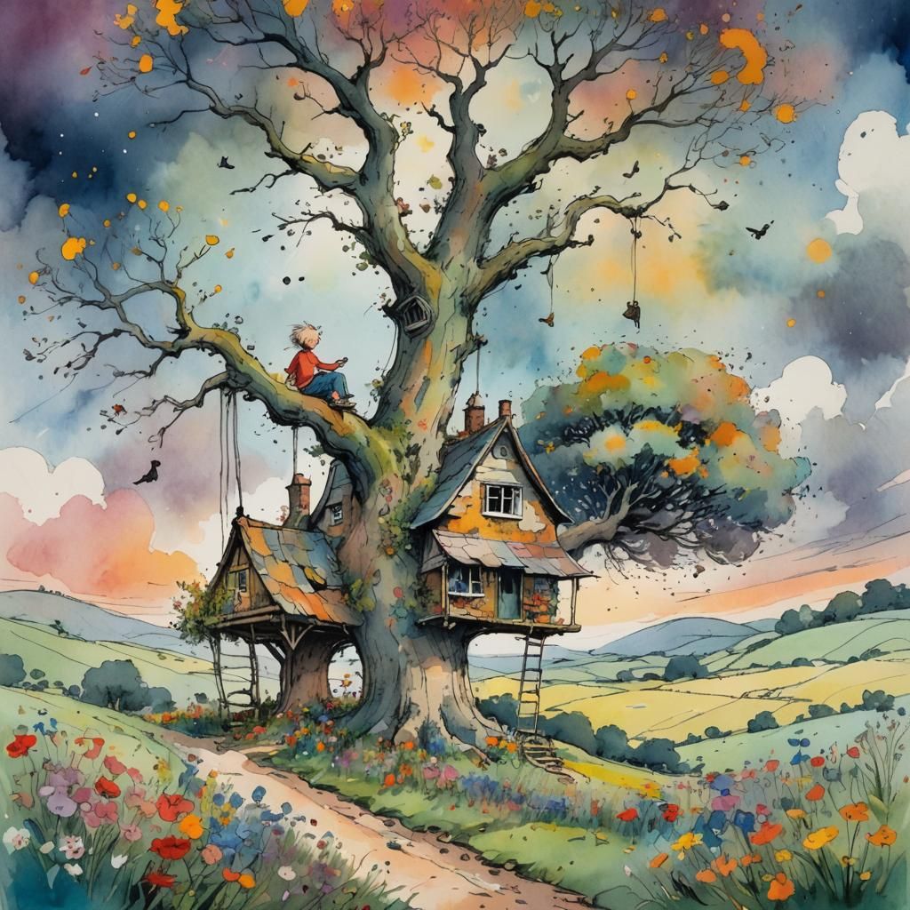 Whimsical Farm Cottage Illustration in Quentin Blake Style