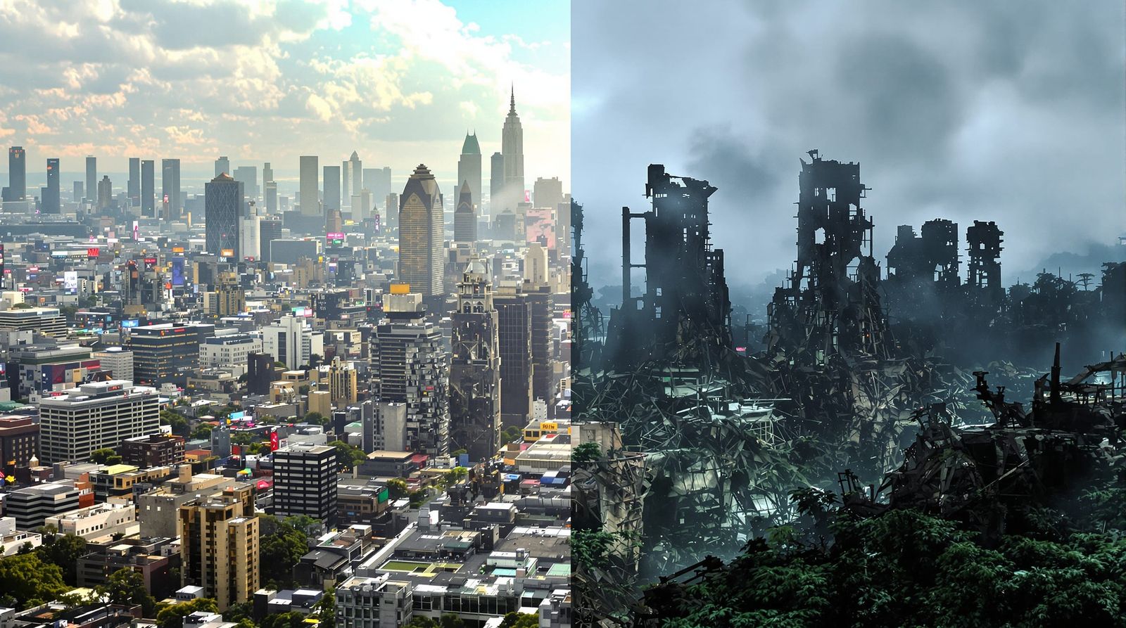 Vibrant Cityscape Contrasted with Post-Apocalyptic Ruins