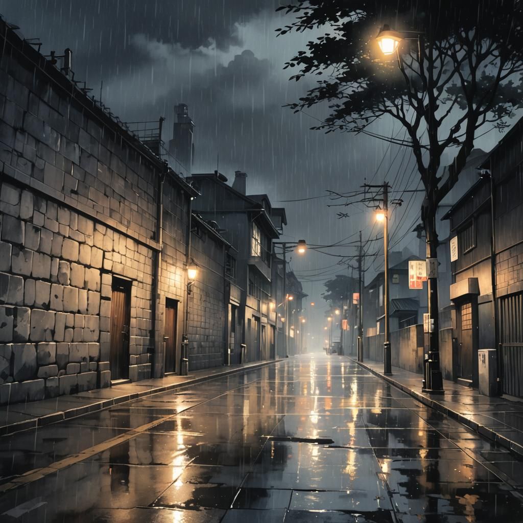 Rainy Night Anime Scene with Stone Wall