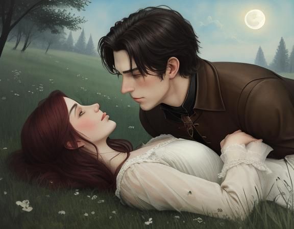 Romantic Couple Kissing in Moonlight Watercolor Illustration