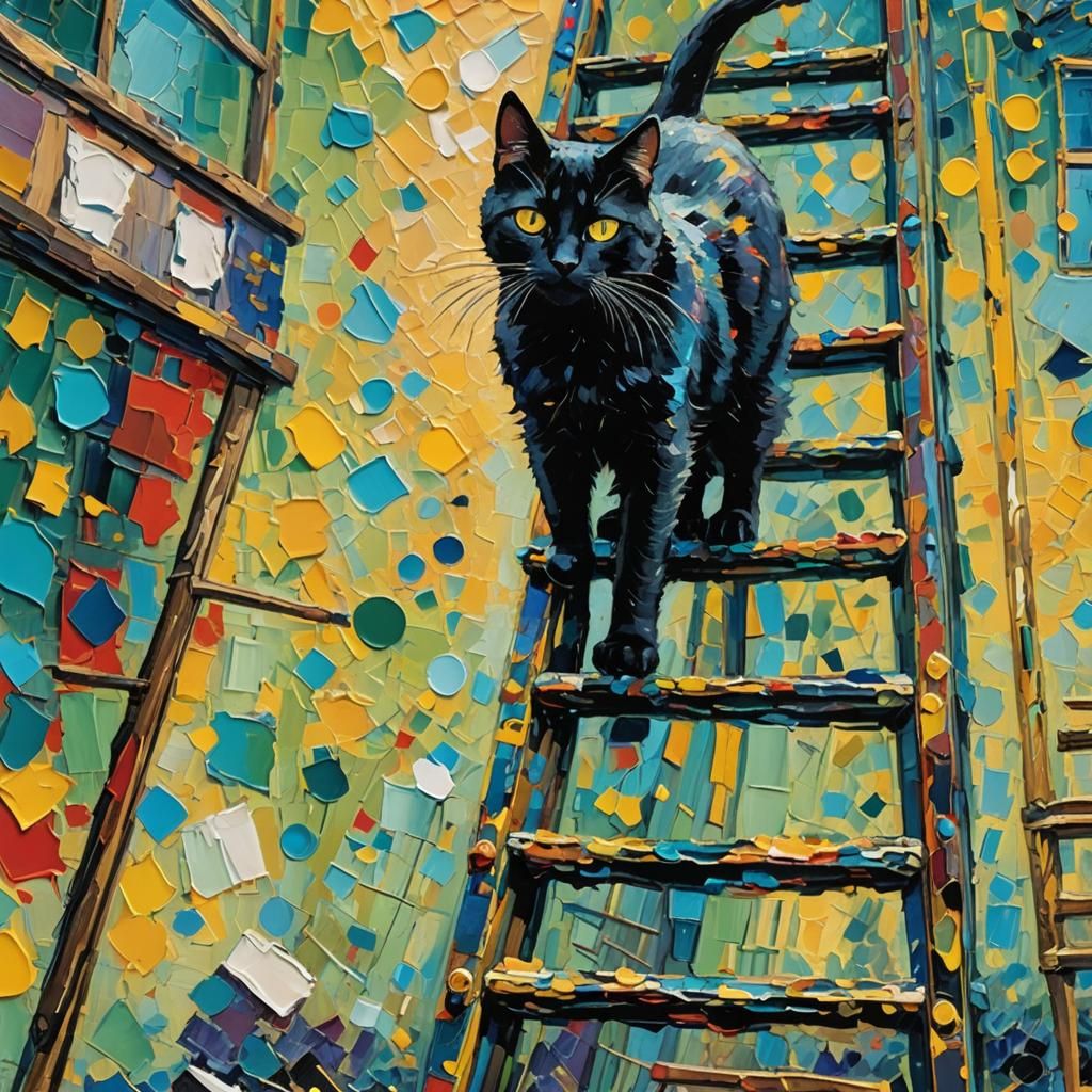 Black Cat Walks Ladder: Neo-Impressionist Oil Painting
