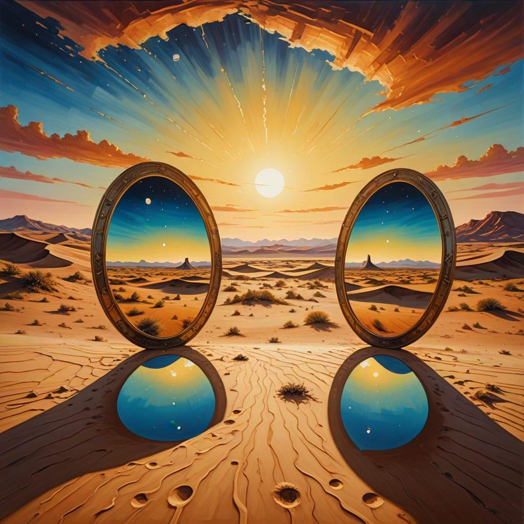 Mirrors Reflecting Sun and Moon in Surreal Desert