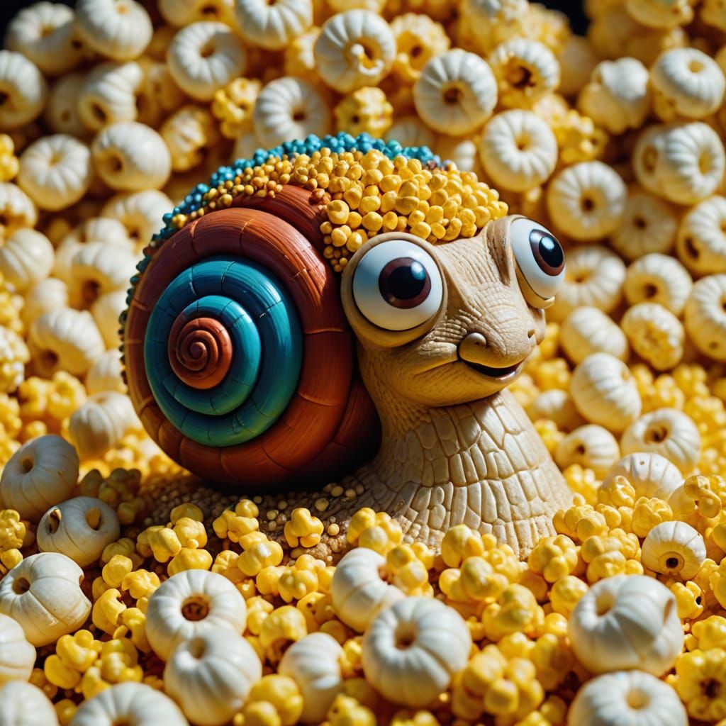 Claymation Snail Crawls Over Glittering Popcorn