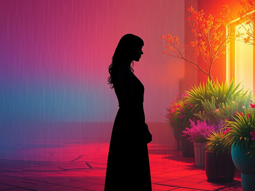 A Contemplative Woman Lost in Thought Amidst a Surreal Rainy...