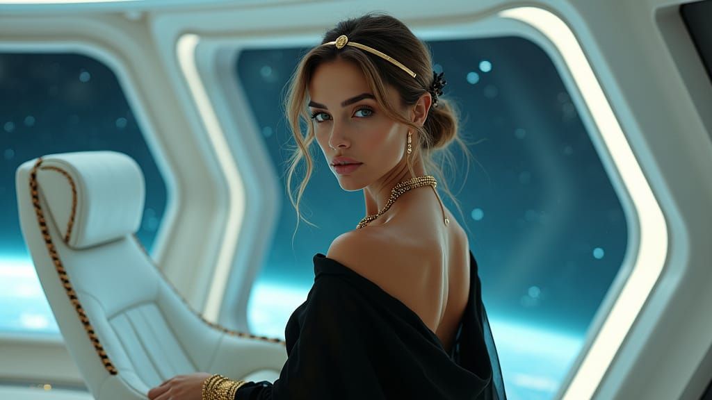 Italian Egyptian Space Empress in Pearlescent Spaceship